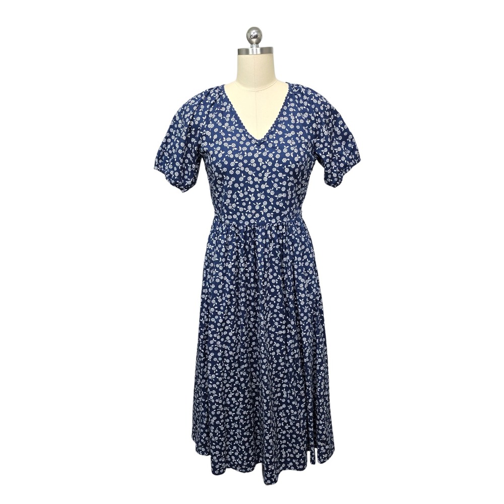 J. Crew Navy Floral Print V Neck Midi Length Casual Dress Size 2 Bohemian Summer